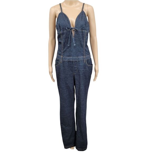Encore Y2K Jumpsuit Dark Blue Stretch Denim Plunging Neckline Flared - Picture 1 of 12